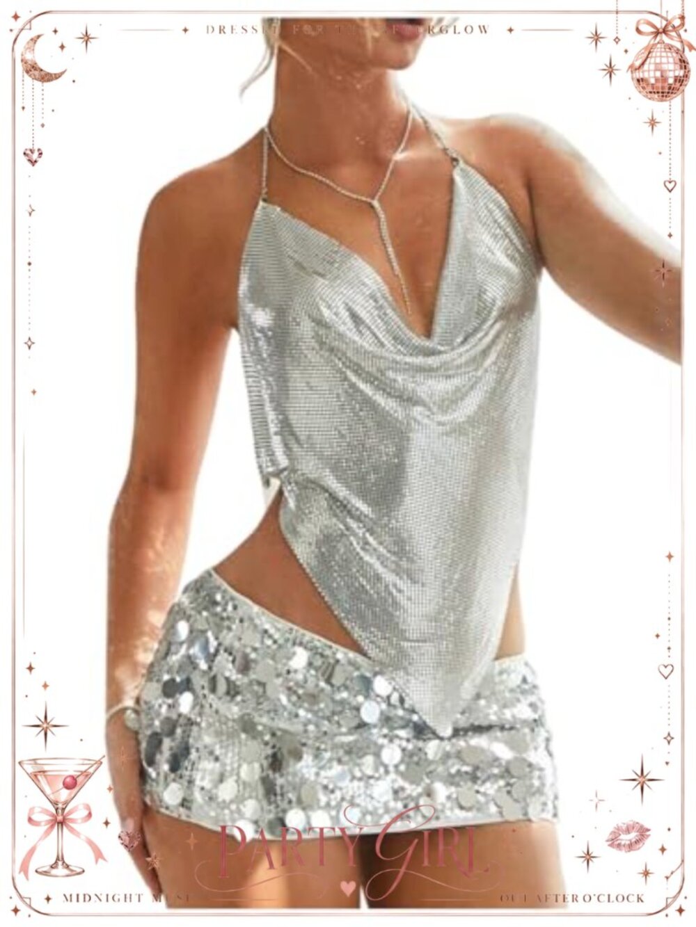 Sequin Halter Top Open Back Cowl Neck Chain Clubwear Rave Party Tank